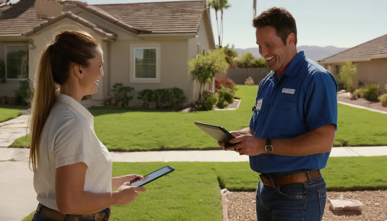 A friendly local provider and a homeowner reviewing a sewer line camera inspection on a tablet in a front yard in the San Jose area